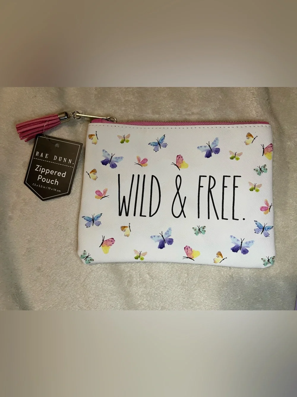 Rae Dunn White Butterfly Zip Pouch with Pink Tassel